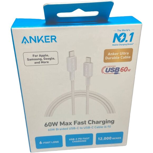 Anker 6ft 60W USB-C to USB-C Braided Fast Charging Cable White for iPhone 15/Pad - Picture 1 of 7